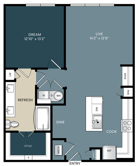 Floor plan for 1 bed, 1 bath, 879 sqft